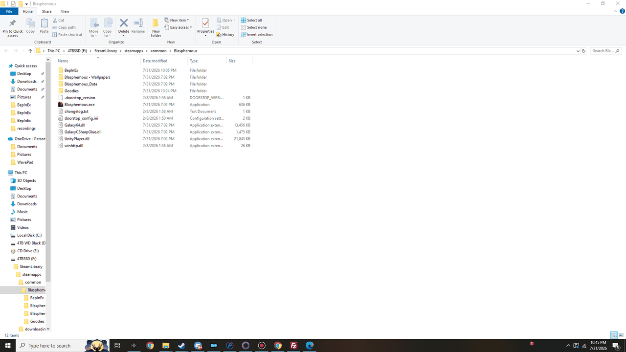 Windows Explorer showing the Blasphemous game folder with BepInEx, winhttp.dll, doorstop_config.ini and Blasphemous.exe