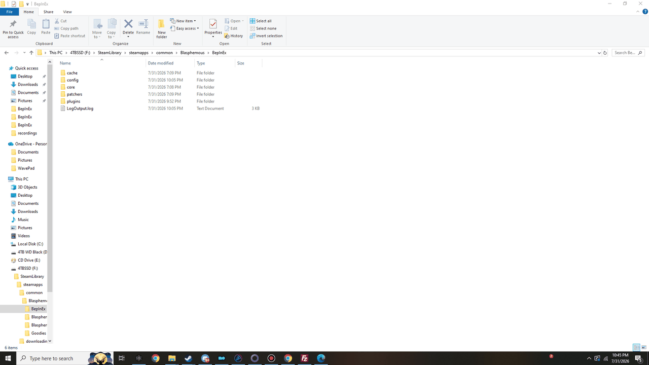 The BepInEx folder containing cache, config, core, patchers, plugins and LogOutput.log