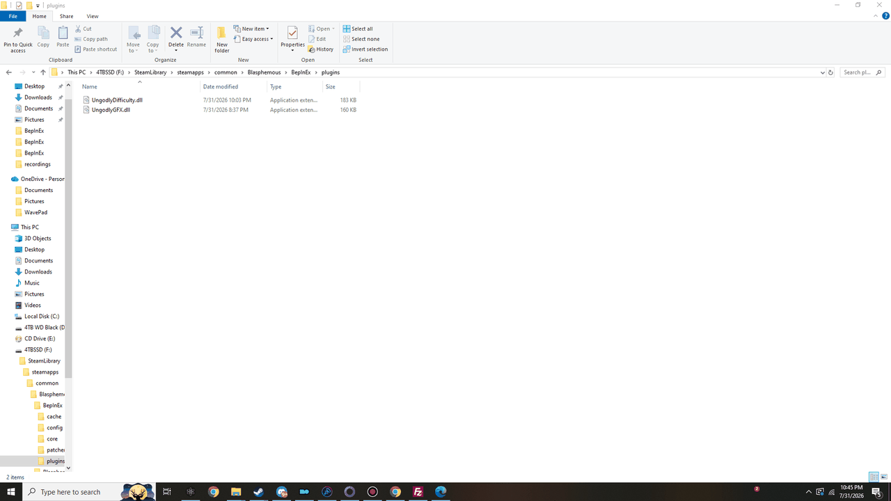 The BepInEx plugins folder containing UngodlyDifficulty.dll and UngodlyGFX.dll