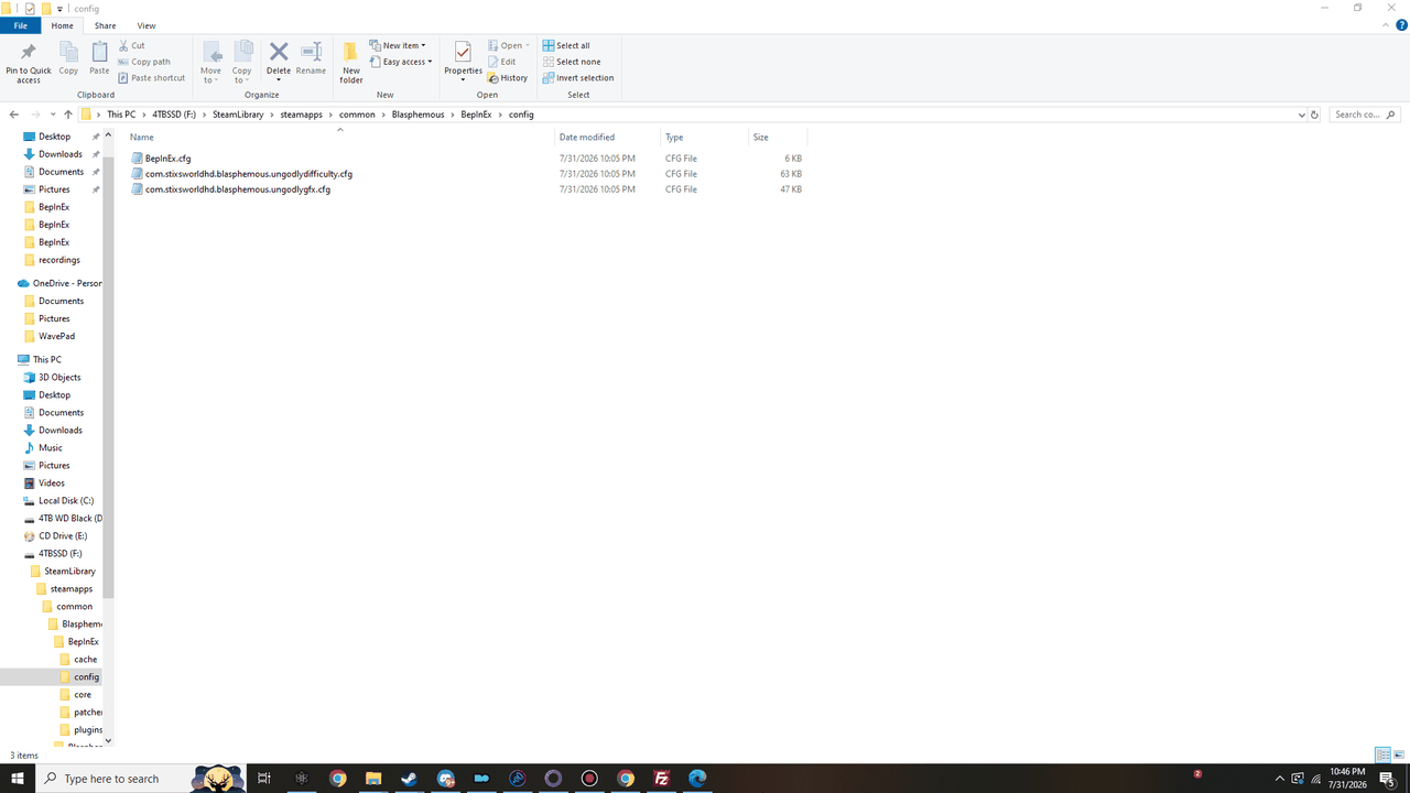 The BepInEx config folder containing BepInEx.cfg and the two Ungodly configuration files