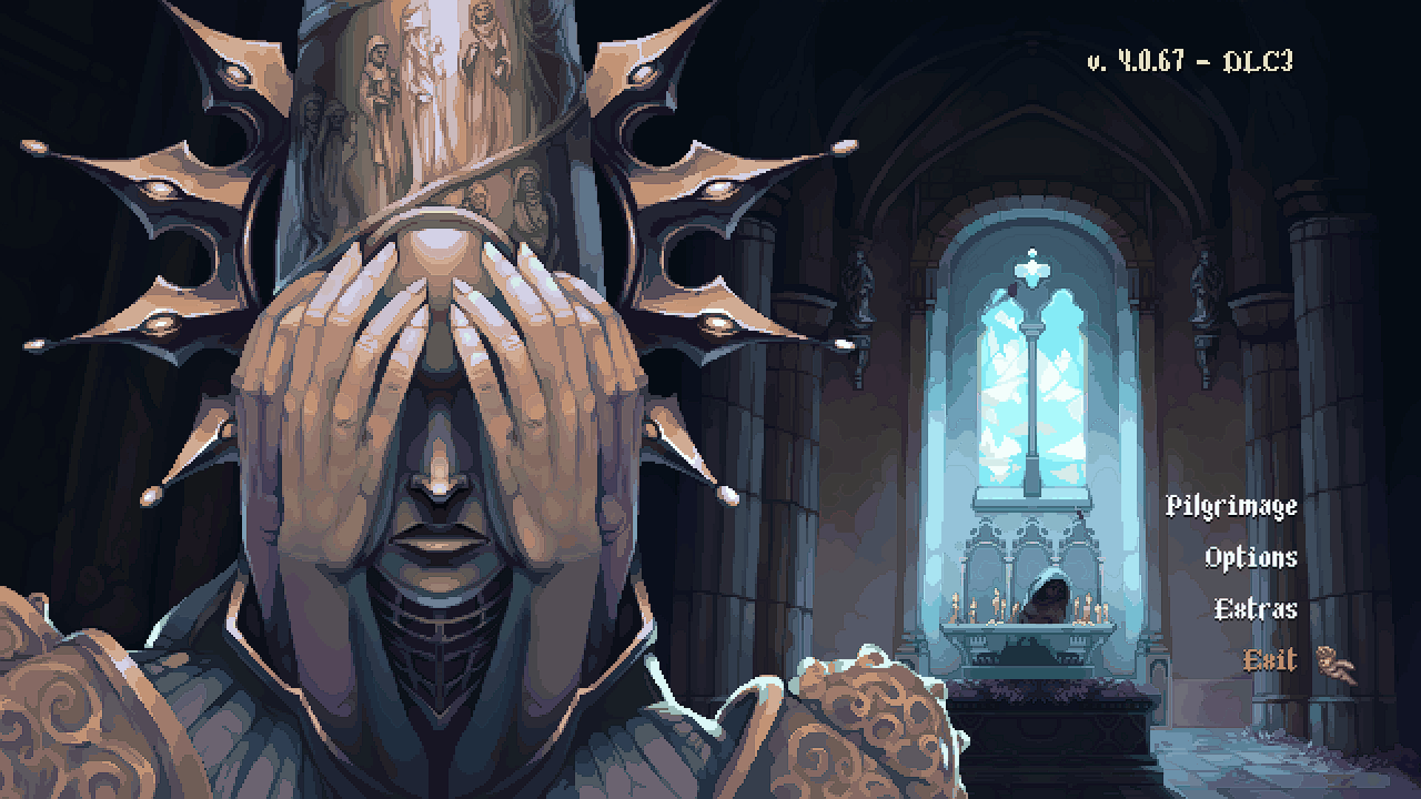 The Blasphemous main menu, version 4.0.67 with DLC3