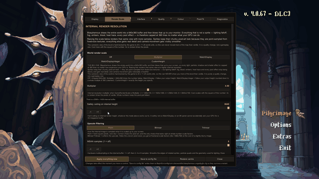 The Ungodly GFX settings panel open on the Render Scale tab